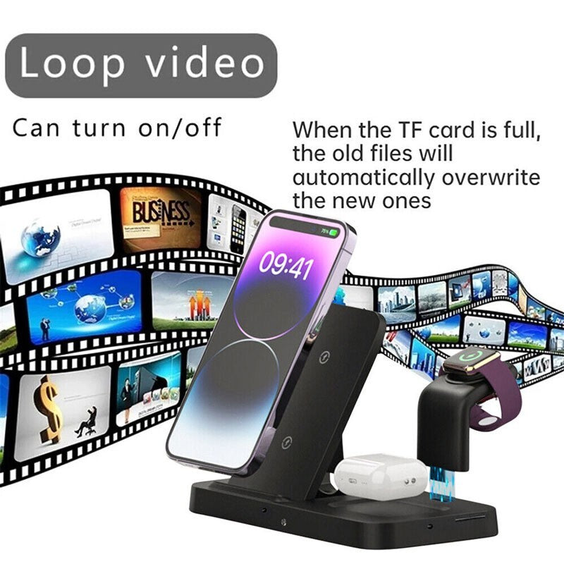 The Universal Charging Station SpyCam charges a smartphone, smartwatch, and earbuds while playing a looping video. Its SpyCam feature is perfect for covert surveillance, and it automatically overwrites files when the TF card is full.