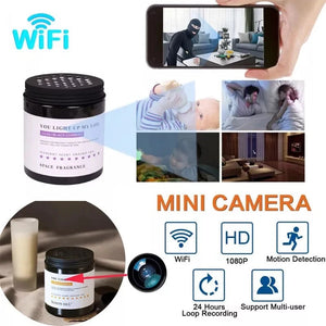 A promotional image for the Cylindrical Display SpyCam, a WiFi-enabled mini camera cleverly disguised as a space fragrance jar. This device features 1080P HD resolution, motion detection, 24-hour loop recording, wireless connectivity, and multi-user support.