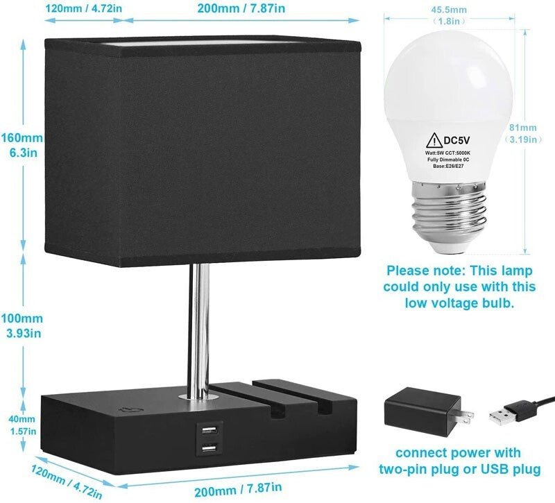 The Desk Lamp Charger SpyCam discreetly hides a camera within a black table lamp featuring a square shade. It includes USB ports, a low voltage LED bulb, dimensions, and a two-pin USB plug for power, providing both style and peace of mind in one sleek design.