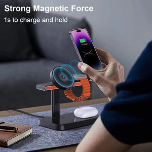 A user charges their smartphone, smartwatch, and earbuds with the Universal Charger SpyCam, featuring a strong magnetic force and charging in just 1 second, offering efficiency and style while concealing its camera functionality.