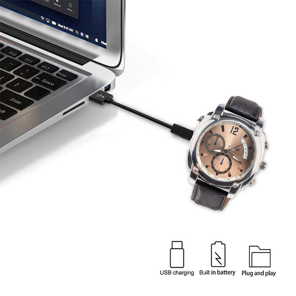 The Wristwatch SpyCam is shown charging via USB cable connected to a laptop. Icons highlight its USB charging, built-in battery, plug-and-play use, plus 1080P video and night vision features.