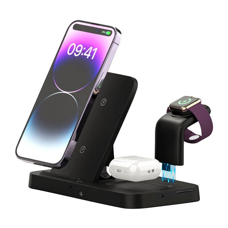 A phone, earbuds, and smartwatch charge seamlessly on the sleek black Universal Charging Station SpyCam. The phone shows 09:41, perfectly synced for optimal use.