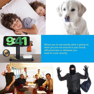 A security camera, the Universal Charger SpyCam, connects to a phone showing two sleeping children and a white dog. Meanwhile, in a meeting room, the spy camera discreetly captures a masked person in black clothing among attendees.