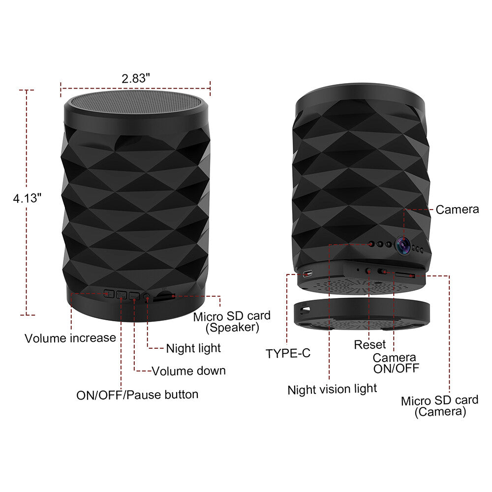 Two black cylindrical Bluetooth Speaker SpyCam devices are shown, featuring labeled controls for volume, night light, and camera, plus Micro SD and TYPE-C ports—ideal for covert home monitoring and round-the-clock security.