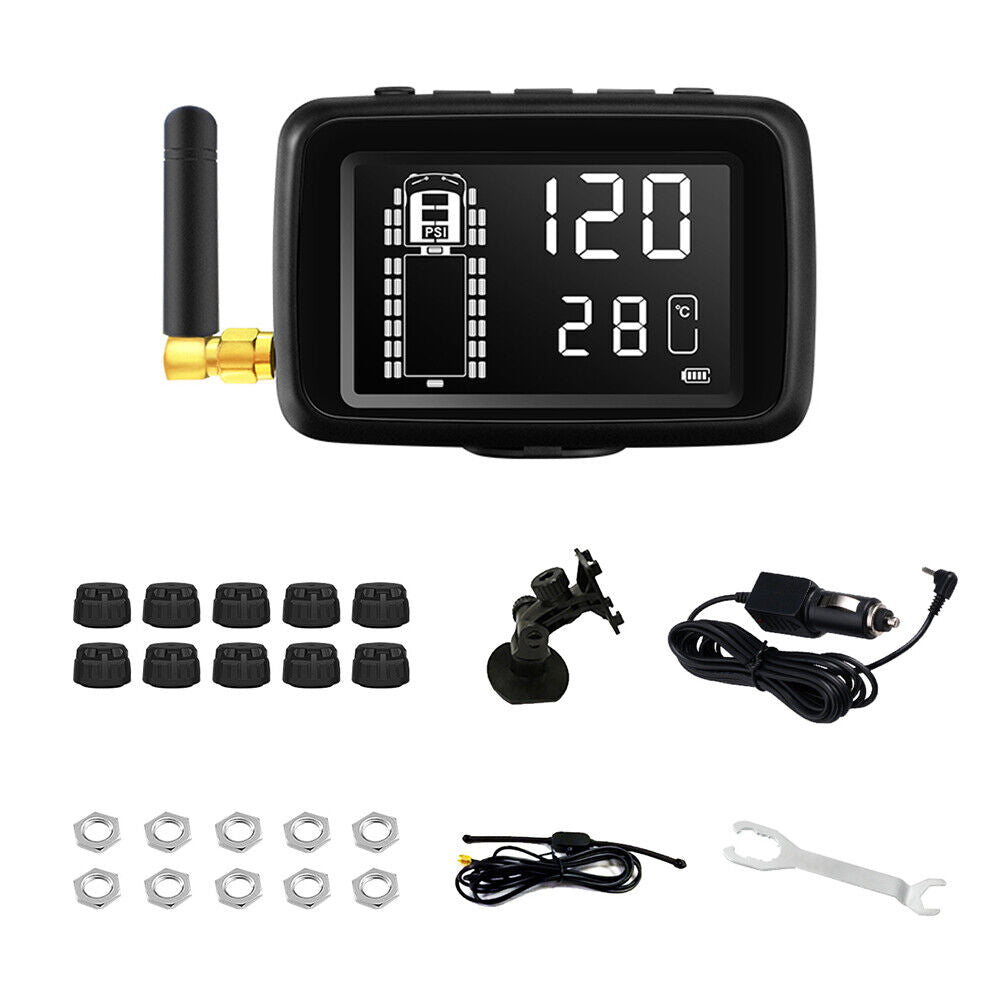 The Tire Pressure & Temperature Monitoring System, complete with a digital display, antenna, sensors, nuts, mounting tools, power cable, and wrench, is neatly displayed on a white background.