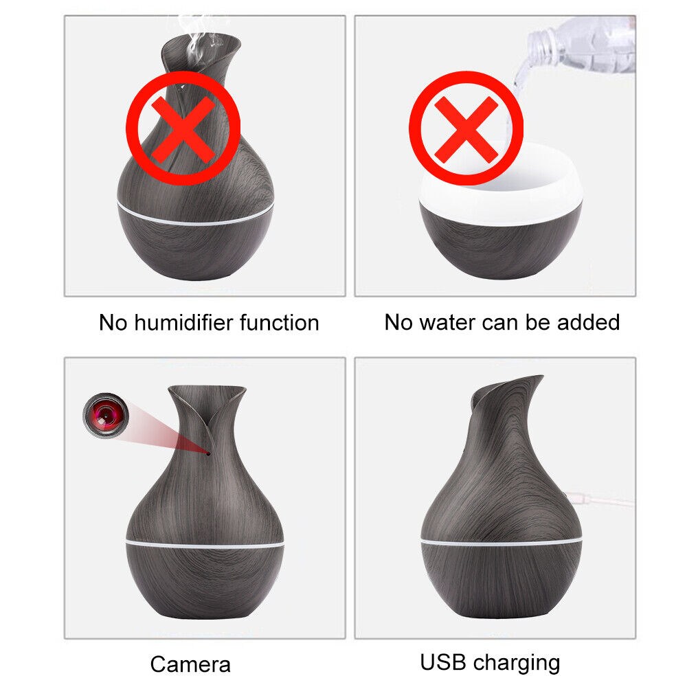 Four images of the Black Decorative Display SpyCam, cleverly designed for espionage. Top: red X marks and text indicate no humidifier function or water use. Bottom: labels reveal its SpyCam features with USB charging, blending seamlessly as home décor.