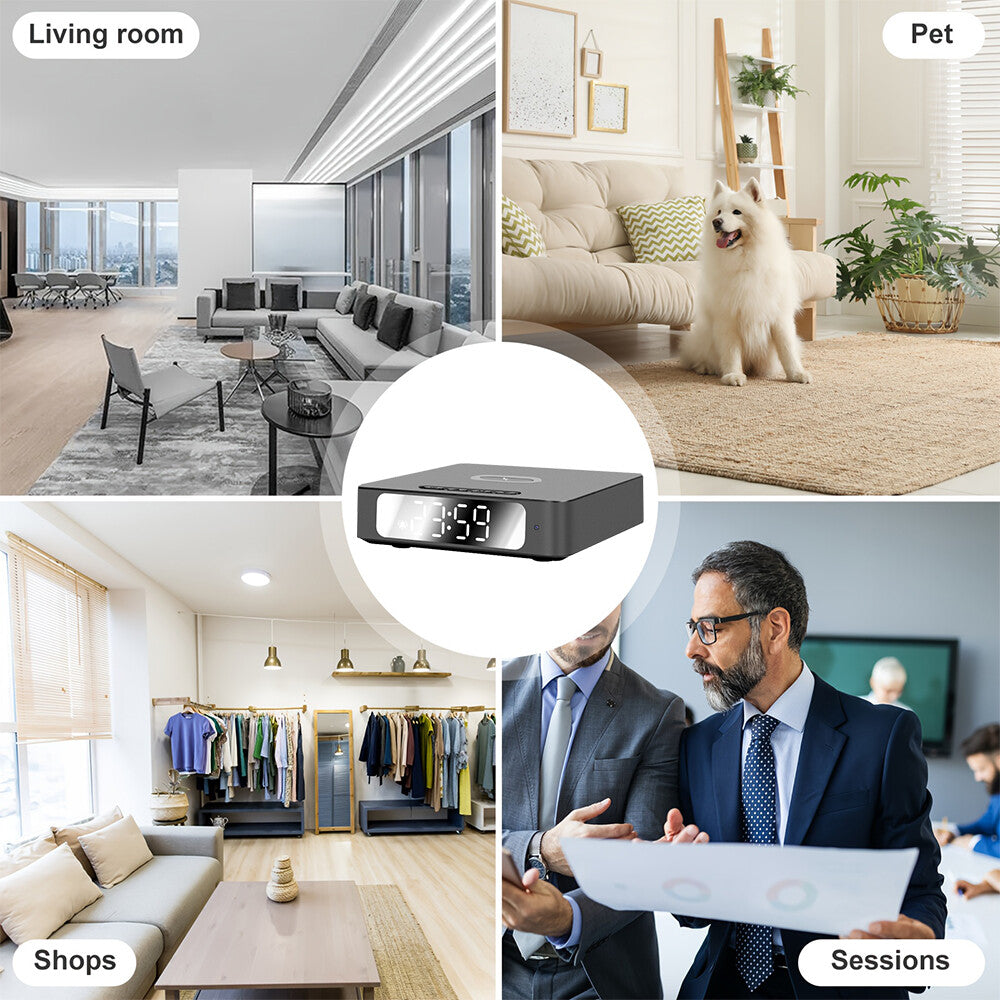 Collage showing a living room, a dog in a room, a clothing shop, and two people in a business meeting, all featuring the Wireless Charger Clock SpyCam with labels and built-in motion detection for enhanced security.