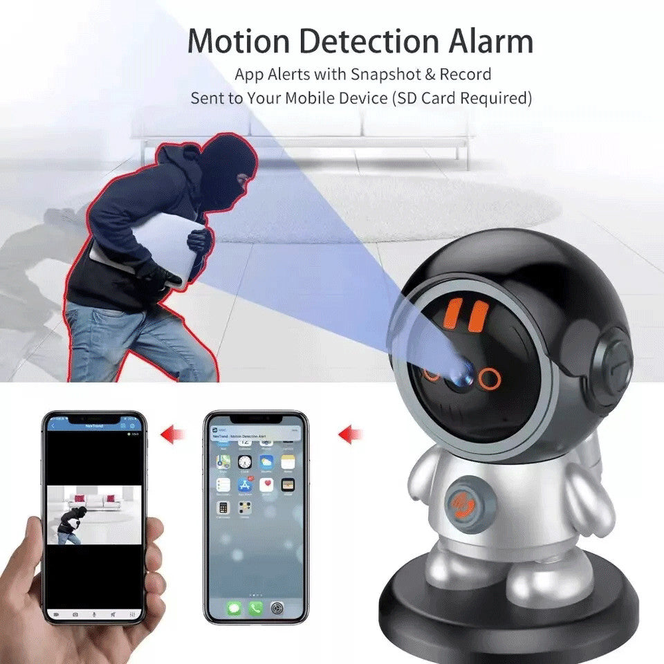 The Mini Robot SpyCam uses AI motion detection and auto-tracking to spot a masked person with a bag, then sends alerts and snapshots to two smartphones, providing advanced home security features.