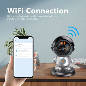 A person sets up the Mini Robot SpyCam using a smartphone, demonstrating home security and remote surveillance via WiFi connection.