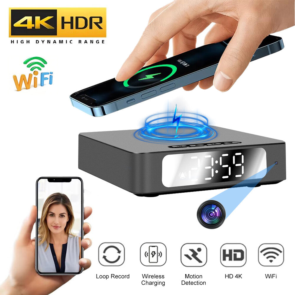 The Wireless Charger Clock SpyCam is a digital clock with a hidden spy camera, wireless charging, WiFi, 4K HDR video, motion detection, and loop recording—displayed next to a phone on a video call.