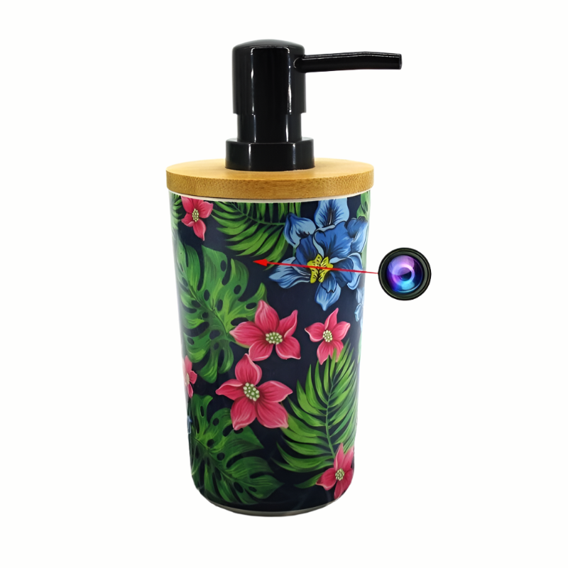 The Cute Decorative Display SpyCam soap dispenser, featuring a floral design and black pump top, discreetly conceals a lens to record 1080P video, combining style with functionality.