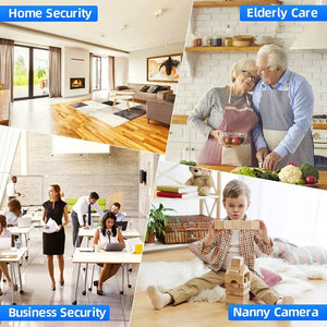 Collage of four images showcasing the Universal Charger Night Light SpyCam used for home security, elderly care with a couple cooking, business security in an office, and as a discreet nanny camera observing a child playing with blocks.