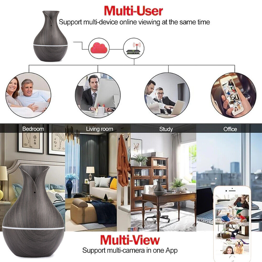 The collage highlights the Black Decorative Display SpyCam, a vase-shaped camera that merges into home décor. It features multi-user and multi-view monitoring via an app, with images showcasing its discreet placement in different rooms, offering advanced espionage tech for contemporary homes.