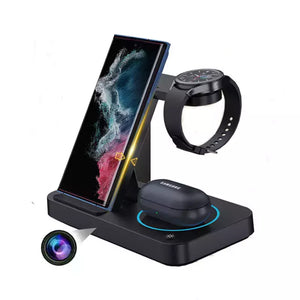 The Universal Charging Station SpyCam holds a smartphone, smartwatch, and wireless earbuds case, designed to charge all three devices simultaneously. Plus, it features a stealthily integrated WiFi hidden camera for an extra layer of security.