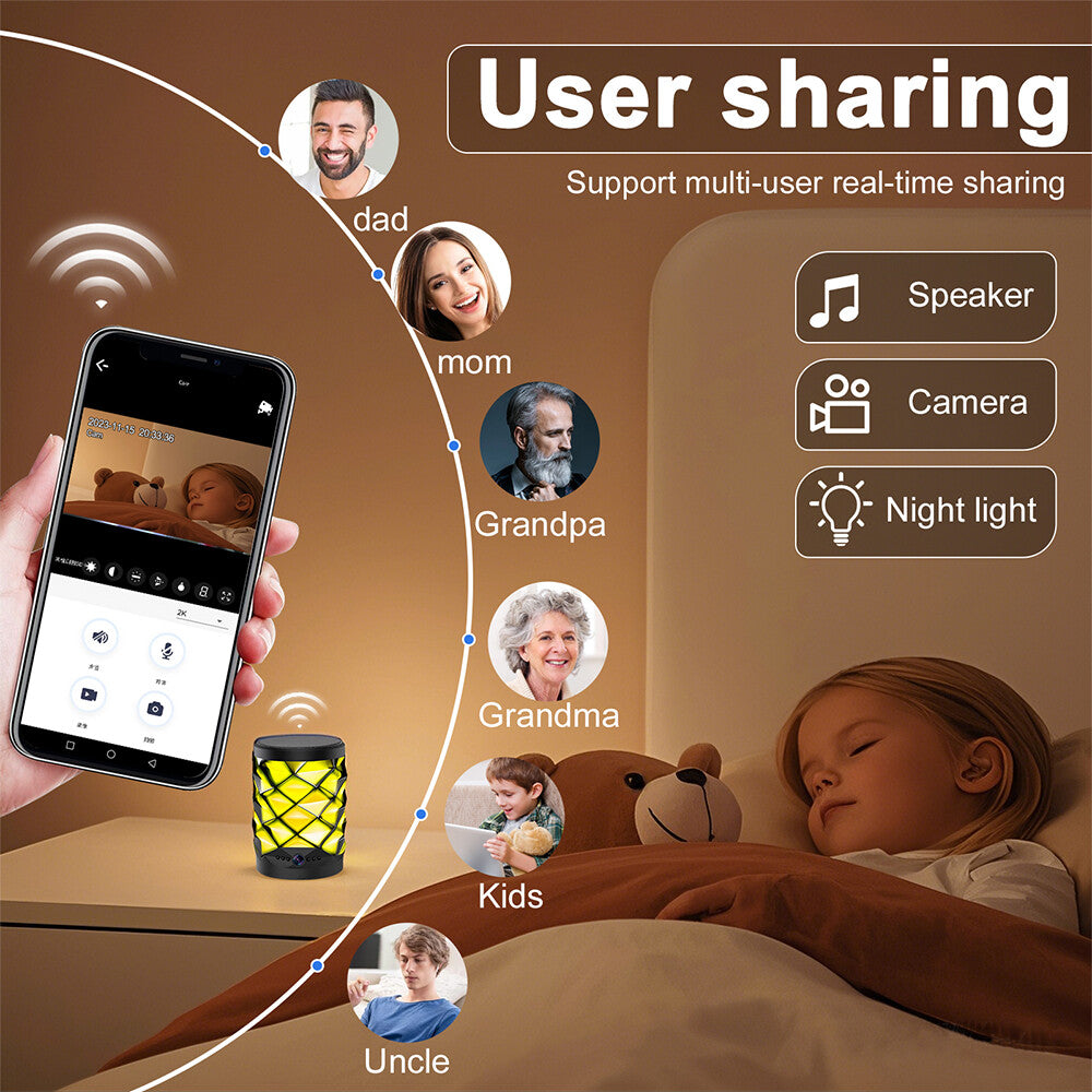 A child sleeps next to a lamp and stuffed toy. The Bluetooth Speaker SpyCam streams a live video feed to a smartphone, highlighting 24/7 security and real-time sharing with family members.