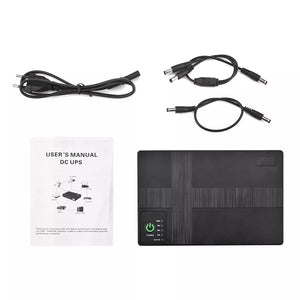 Portable UPS for WiFi Router with cables and user's manual. This 10400mAh Portable UPS includes a power button, various control indicators, and serves as an Uninterruptible Power Supply for your WiFi Router Backup needs.