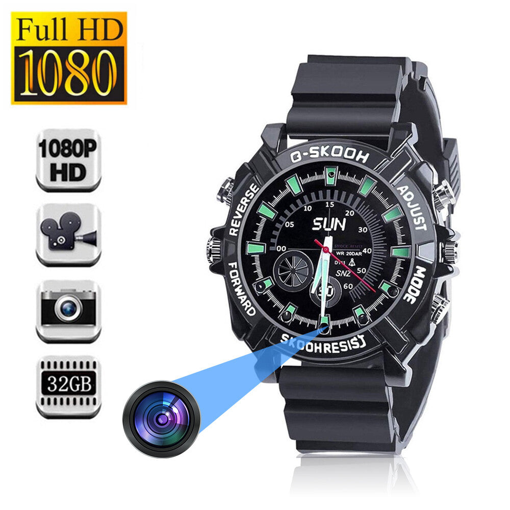 The Stylish Watch SpyCam is a black digital wristwatch with a hidden Full HD 1080p camera, 32GB storage, and discreet multifunction bezel buttons.