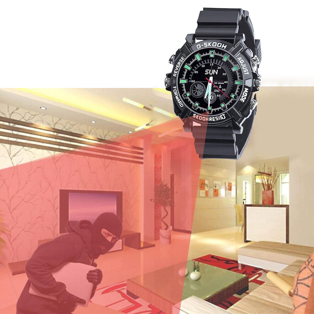 A masked burglar with a bag enters a modern living room marked by a red detection zone, as the Stylish Watch SpyCam, featuring 1080P surveillance, is prominently superimposed above the scene.