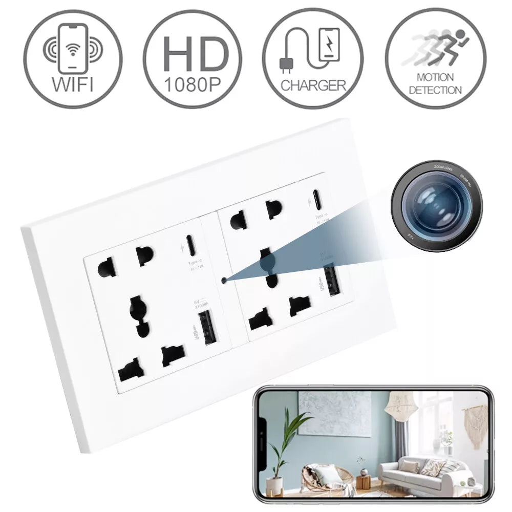 The EU Plug Wall Outlet SpyCam offers WiFi, HD 1080p, charging capabilities, and motion detection. It allows real-time monitoring with room images accessible on your smartphone screen.