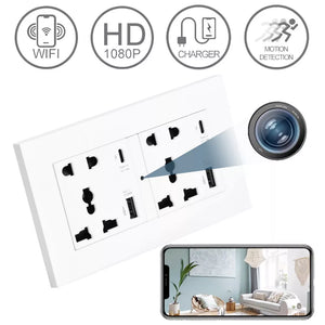 The EU Plug Wall Outlet SpyCam offers WiFi, HD 1080p, charging capabilities, and motion detection. It allows real-time monitoring with room images accessible on your smartphone screen.