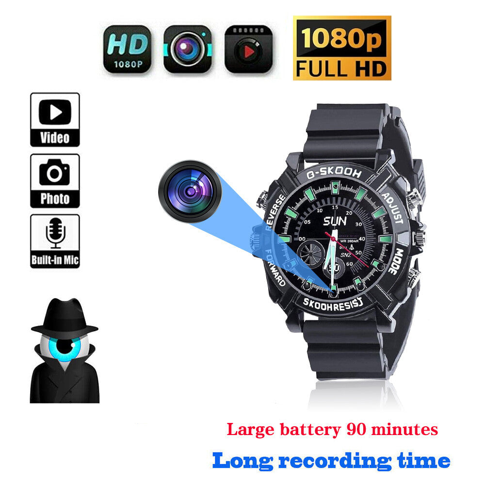 Stylish Watch SpyCam: a black wristwatch with hidden camera, blue accent, HD video, photo, built-in mic icons, spy figure, and 90-min battery life—offering discreet and stylish 1080P surveillance.