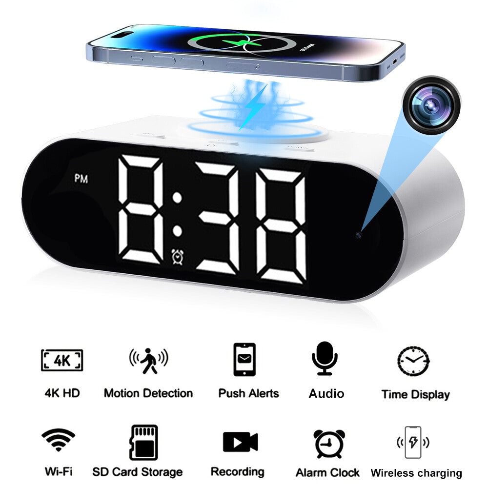 Digital Clock Charger SpyCam features a large LED display, wireless charging, and a built-in hidden camera for WiFi surveillance. Icons below show 4K HD, Wi-Fi, and recording capabilities.