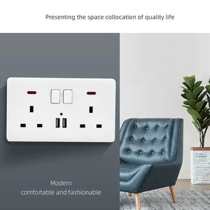 Discreetly integrated into a modern dual socket with USB ports, the UK Socket SpyCam provides 1080P HD resolution and is installed on the wall beside a blue tufted chair and plant, creating a minimalist style in the room.