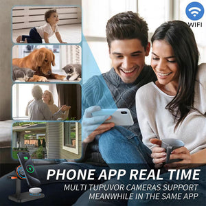 A couple utilizes an app showing a baby, pets, and a woman with a house view. It emphasizes real-time camera support integrated into their Universal Charger SpyCam for easy use.