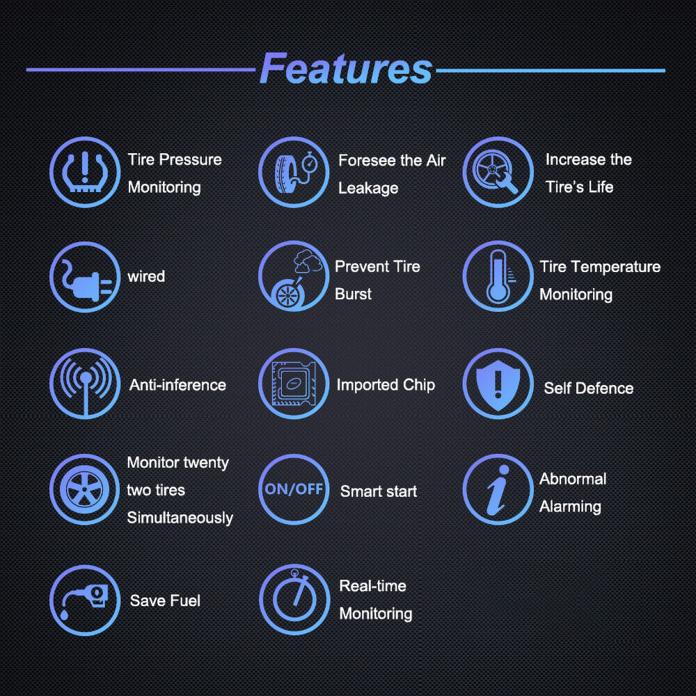 Explore the advanced features of our Tire Pressure & Temperature Monitoring System. With real-time alerts for air leakage, anti-interference abilities, and fuel-saving functions, it enhances driving safety and ensures peace of mind on every journey.