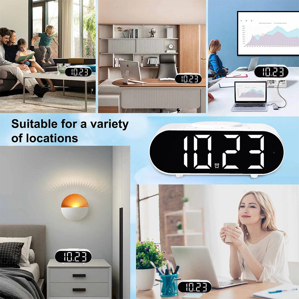 The Digital Clock Charger SpyCam is displayed in a living room, office, bedroom, and workspace, highlighting its versatility and discreet fit for multiple environments.
