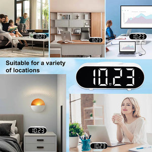 The Digital Clock Charger SpyCam is displayed in a living room, office, bedroom, and workspace, highlighting its versatility and discreet fit for multiple environments.