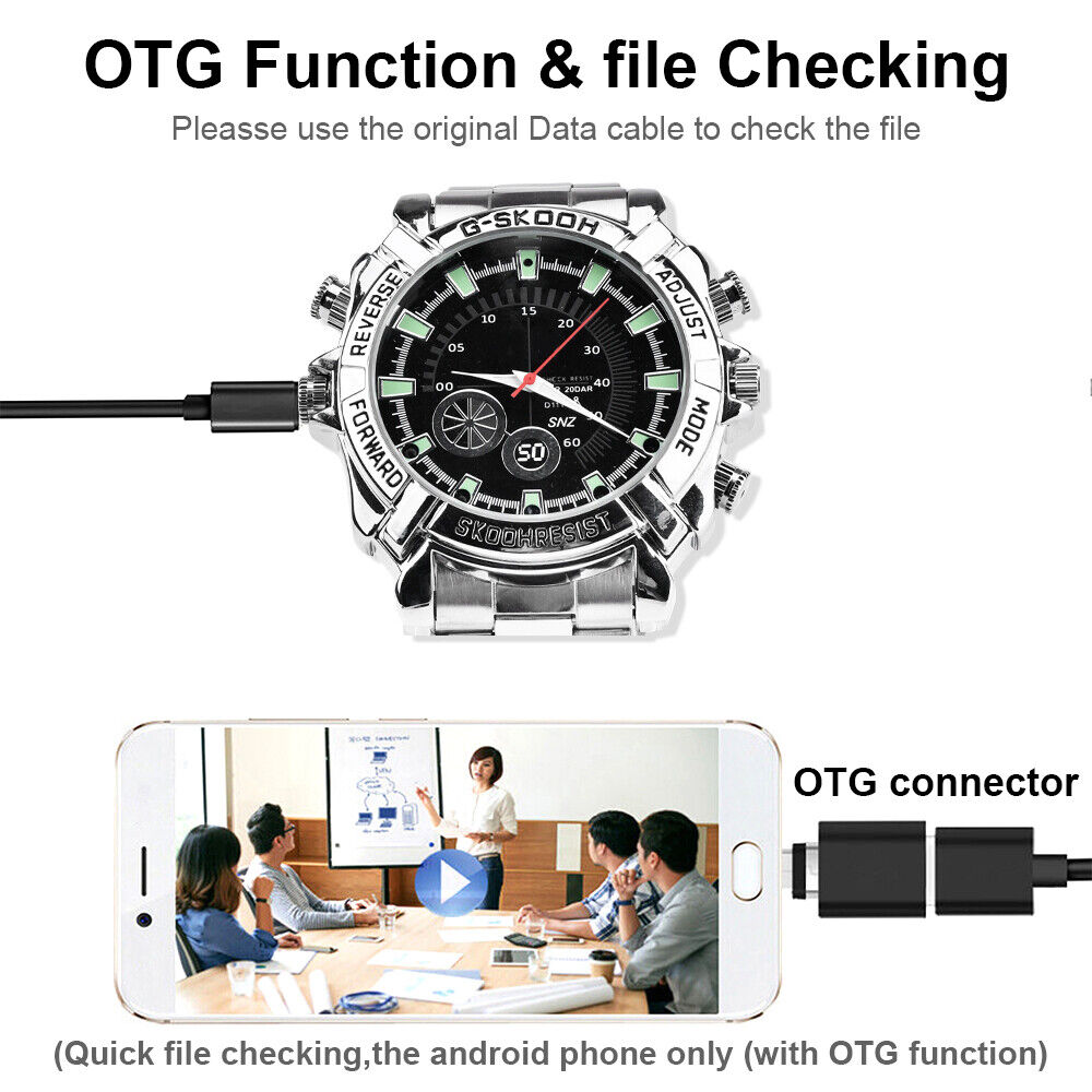 The Watch SpyCam connects to a phone via cable, demonstrating OTG functionality and file viewing; a classroom scene is shown on the phone’s display.