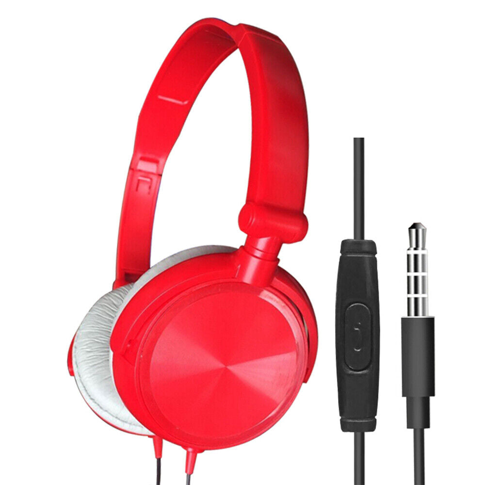 The Wired Bass Stereo Headphone is a red over-ear headset with high-definition drivers, immersive bass, built-in mic, cable control button, and a 3.5mm audio jack.