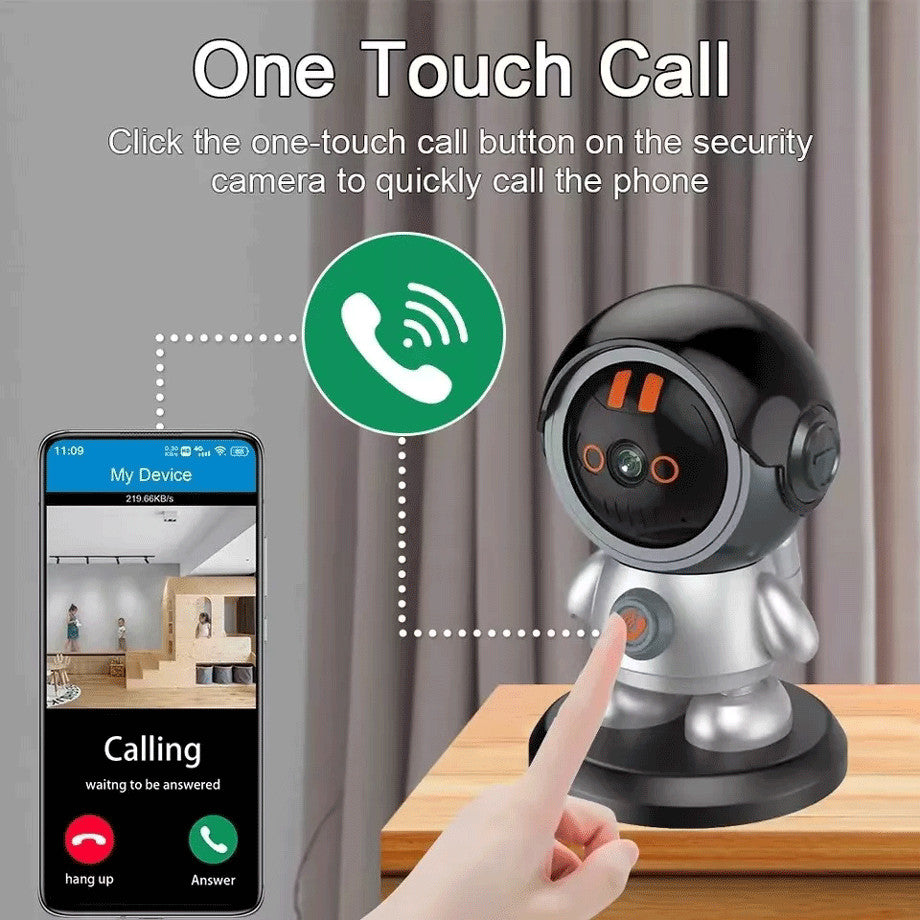 A finger presses a button on the Mini Robot SpyCam, as a phone screen shows its live video call interface with AI auto-tracking for enhanced home security.