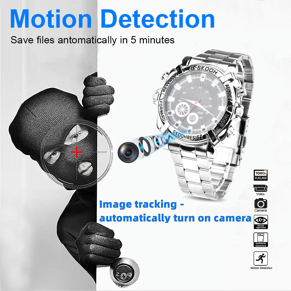 A masked person peers through a door peephole as the Watch SpyCam—a discreet watch with a hidden 1080P camera—appears, showcasing its covert recording, motion detection, and automatic image tracking features.