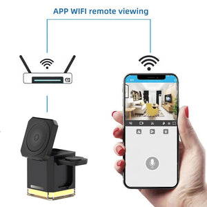 A person holds a smartphone displaying a room view from the Universal Charger Night Light SpyCam, seamlessly interacting with a router and sleek black camera for discreet and powerful surveillance.