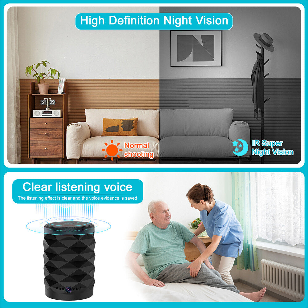 Top: Split image shows a living room in normal and night vision modes, demonstrating 24/7 security with the Bluetooth Speaker SpyCam. Bottom: Caregiver assists elderly man, highlighting the SpyCam’s clear audio capture.