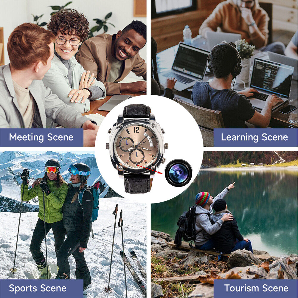 A collage of meetings, learning, sports, and tourism scenes surrounds a central Wristwatch SpyCam with 1080P video and night vision, highlighting how the Wristwatch SpyCam blends daily life moments with cutting-edge technology.