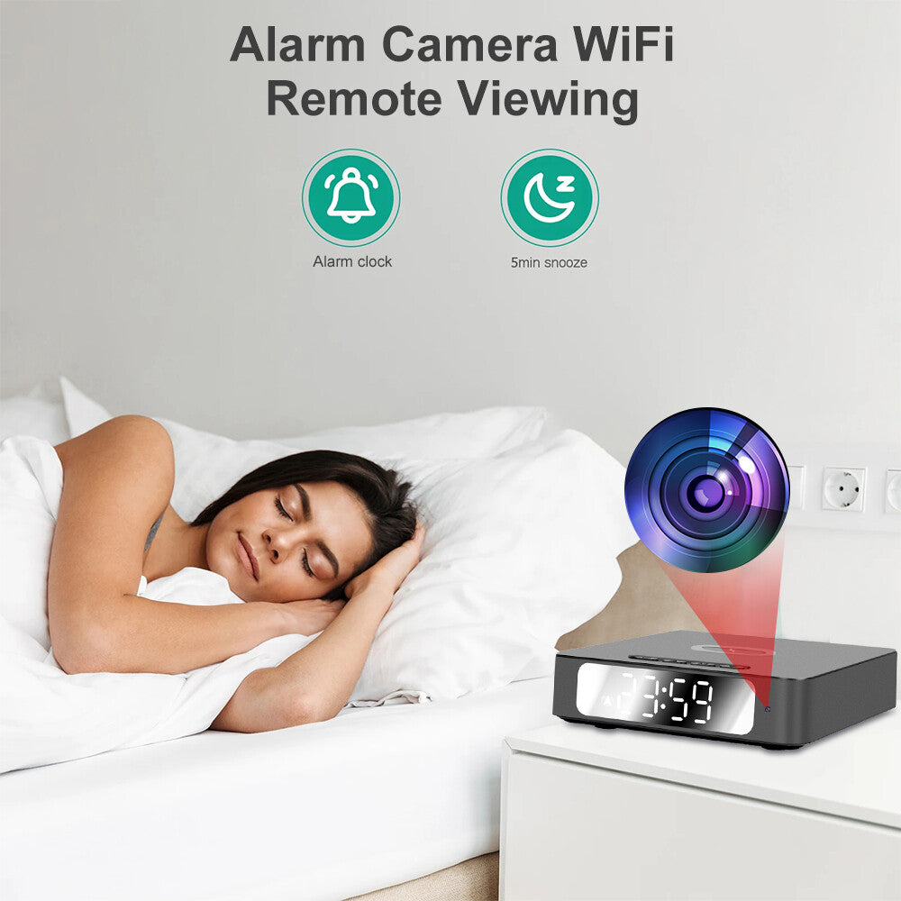 A woman sleeps beside a Wireless Charger Clock SpyCam, which features WiFi remote viewing, motion detection, and alarm functions.