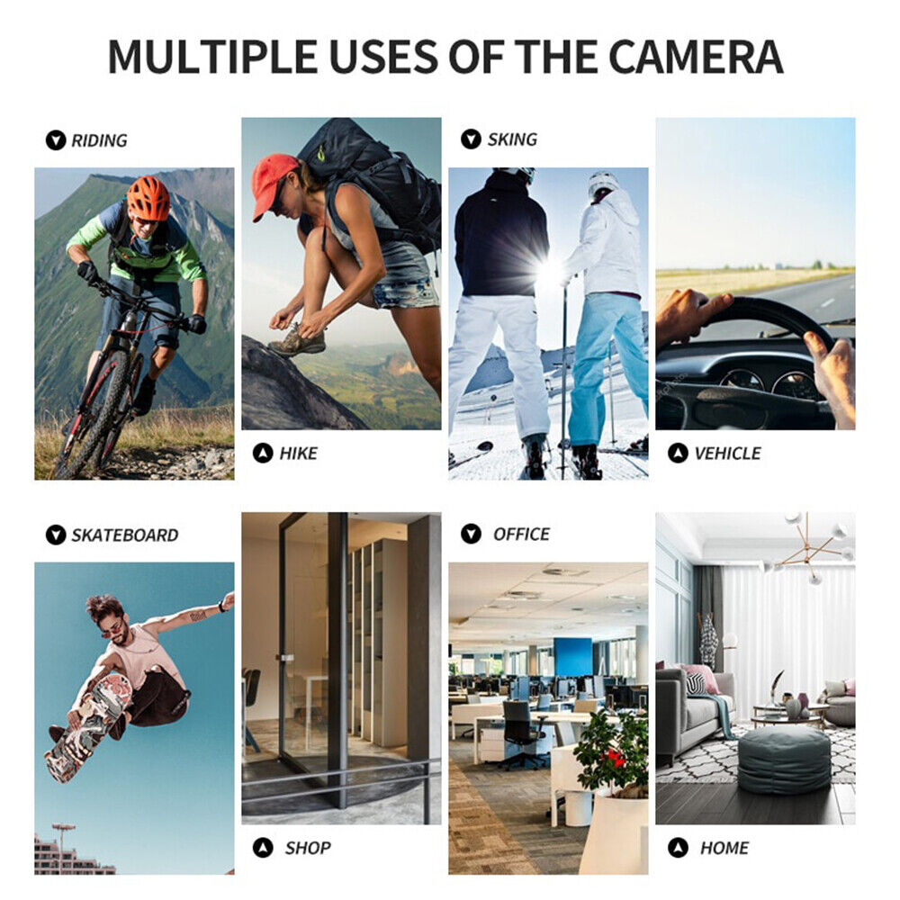 Collage features mountain biking, hiking, skiing, driving, skateboarding, shopping, office work, and a living room—all discreetly recorded with the Stylish Watch SpyCam for seamless 1080P surveillance.