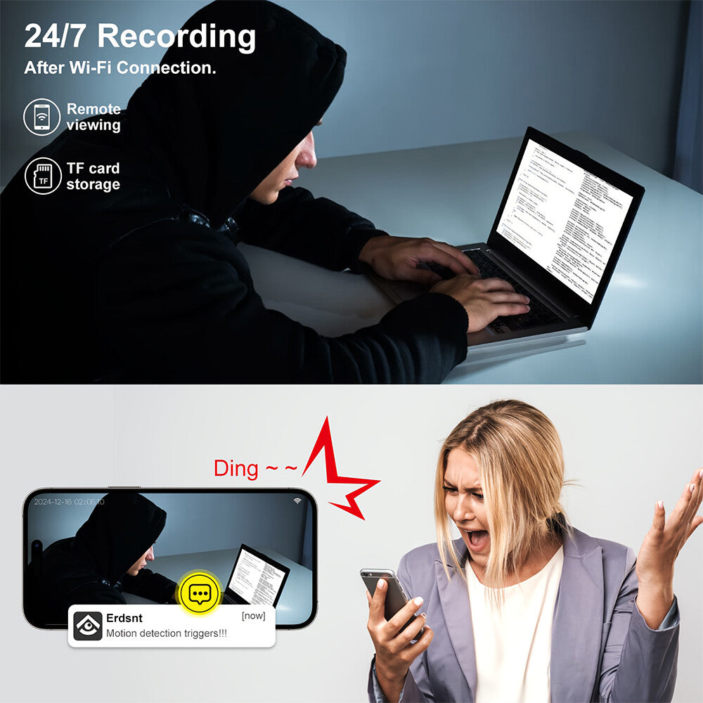 A person in a hoodie uses a laptop in a dark room as a woman is shocked by an alert on her phone, which shows the same person captured by the Wireless Charger Clock SpyCam’s motion detection feature.