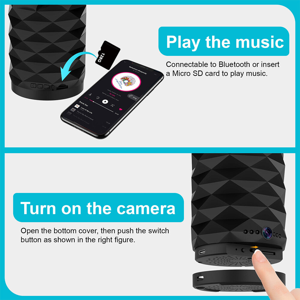 The Bluetooth Speaker SpyCam features a black geometric design, streams music via Bluetooth or Micro SD, and includes instructions for activating its hidden camera—ideal for discreet home monitoring and 24/7 security.