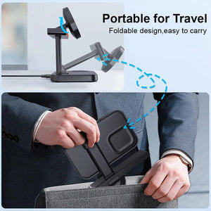 Illustrated in use, the foldable phone stand slips effortlessly into a jacket pocket, showcasing its travel-friendly compact design. Pair it with the sleek Universal Charger SpyCam for the ultimate on-the-go convenience!.