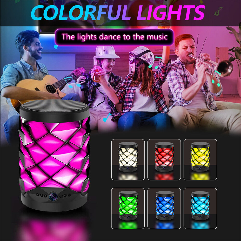 A group plays instruments and dances, with a colorful Bluetooth Speaker SpyCam featuring LED lights in the foreground. Six color options are shown below. Text: "COLORFUL LIGHTS.