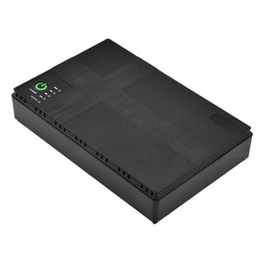 A black rectangular electronic device with a power button and several indicator lights on the top surface, this Portable UPS for WiFi Router ensures your devices stay powered with its 10400mAh battery capacity.