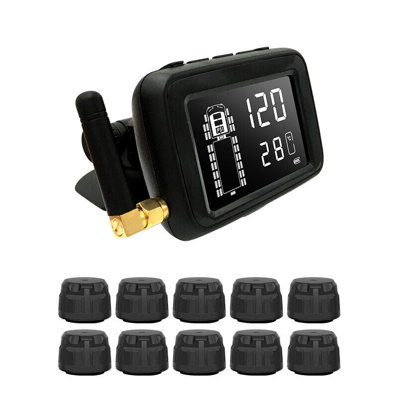 The Tire Pressure & Temperature Monitoring System features a black display with numerical readings for enhanced driving safety. Ten black sensor caps below offer comprehensive tire insights.