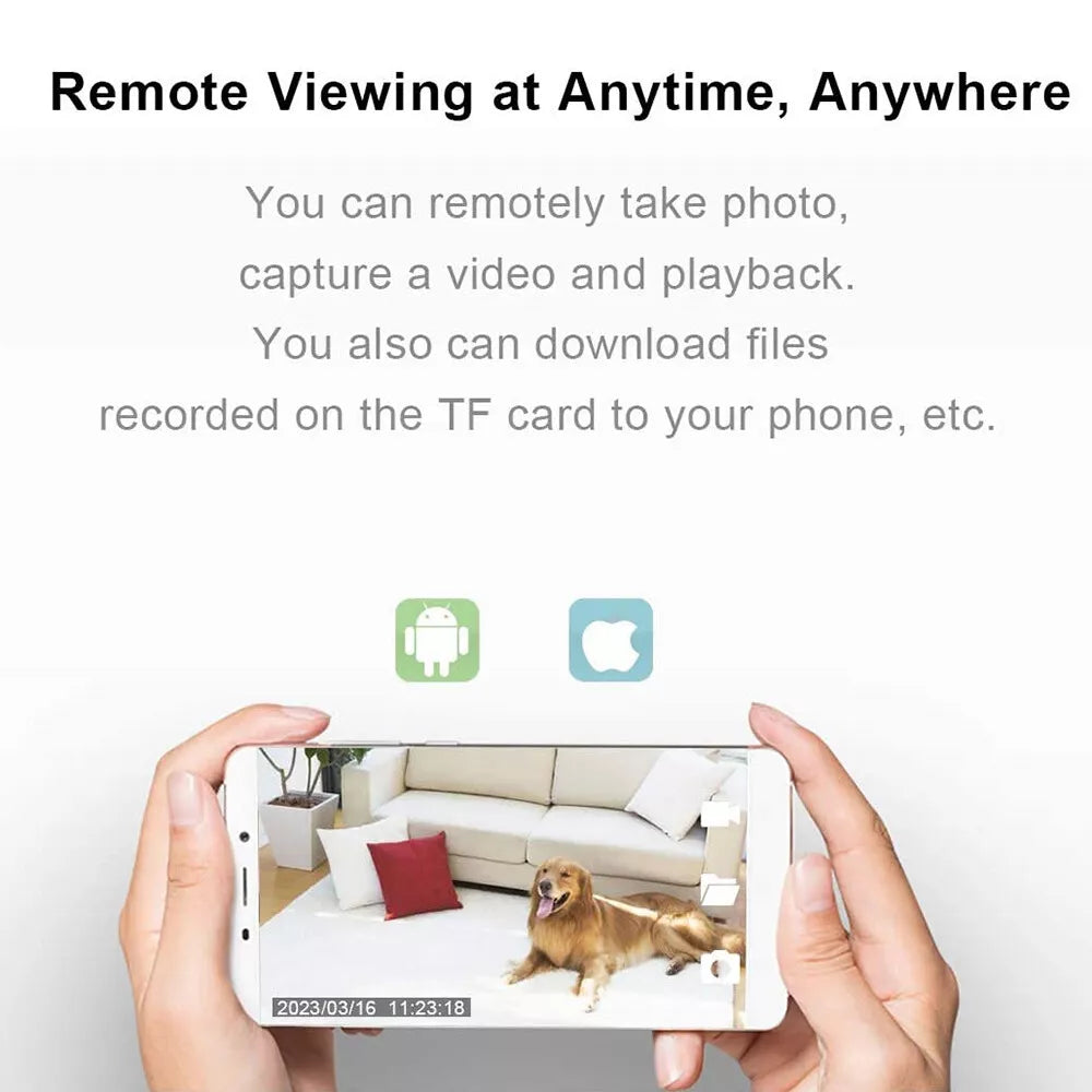 A person holds a smartphone displaying a dog lounging on the couch, with text emphasizing remote viewing, HD clarity, photo capturing, video playback, and file downloading from a TF card using the US Outlet SpyCam's motion detection feature.