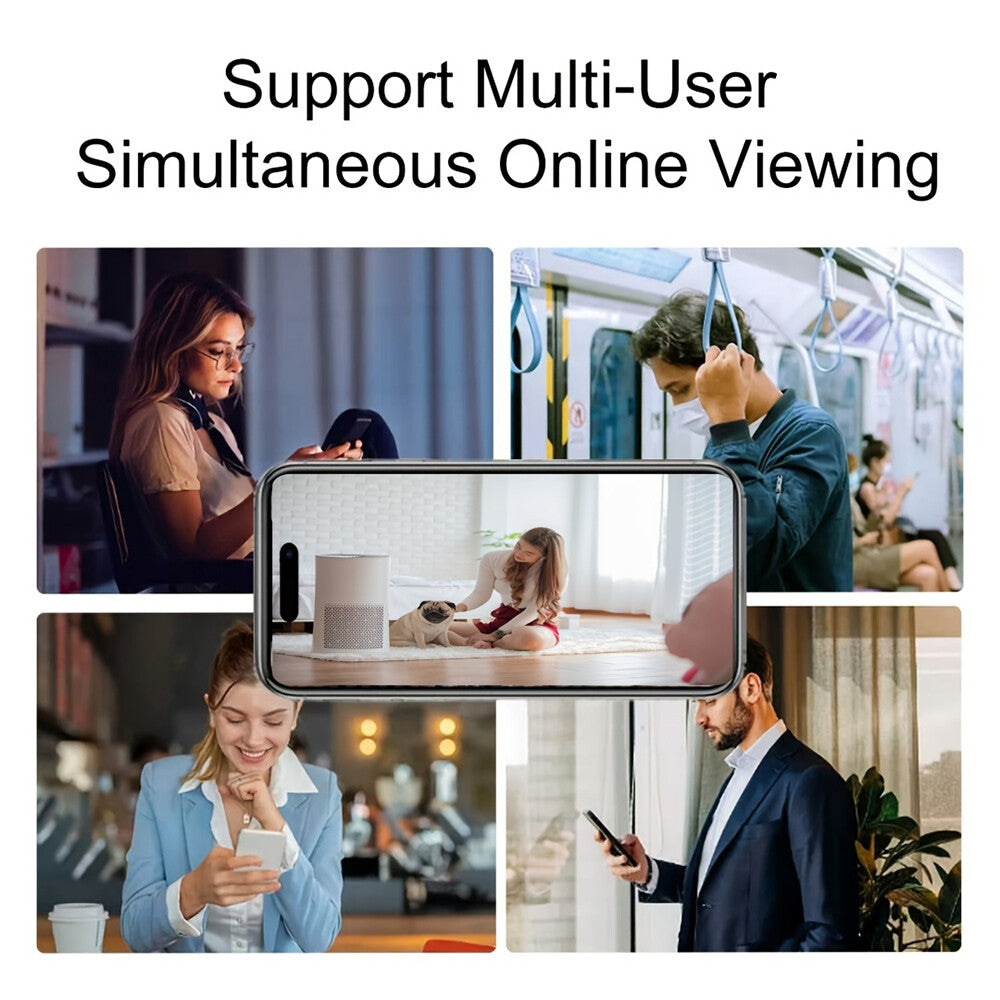 Four people in different locations use devices, with a phone in the center streaming footage, showcasing the Digital Clock Charger SpyCam's multi-user simultaneous online viewing feature via WiFi.