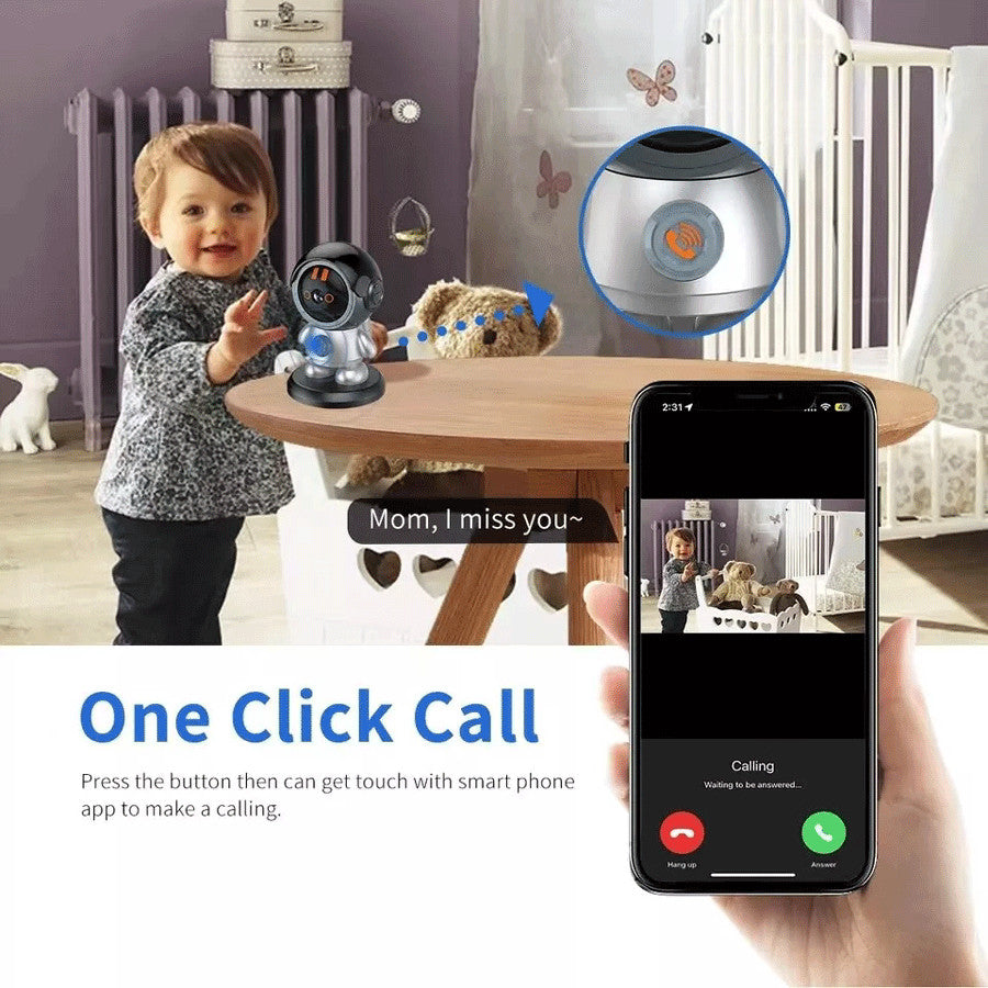 A toddler stands by a table with the Mini Robot SpyCam, while a hand holds a phone showing a video call linked to the child; text reads "One Click Call." The Mini Robot SpyCam is perfect for home security and peace of mind.
