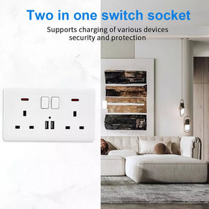 A contemporary living room setup features a wall switch socket with USB ports, prominently displaying the discreet UK Socket SpyCam integrated into two UK plug sockets, providing 1080P HD resolution. This innovative arrangement is enhanced by a chic sofa and sophisticated hanging lights.